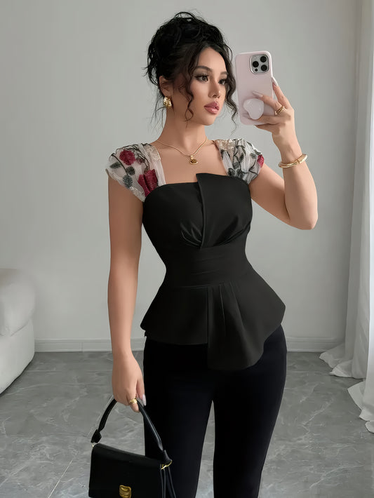 Women's Elegant Sleeveless Square Neck Blouse with Asymmetrical Hem & Floral Print - Summer Lightweight Machine-Washable Top for Casual Formal Outfits, Versatile Fashion, Twisted Waist Design, Smooth Fabric Texture, Office We