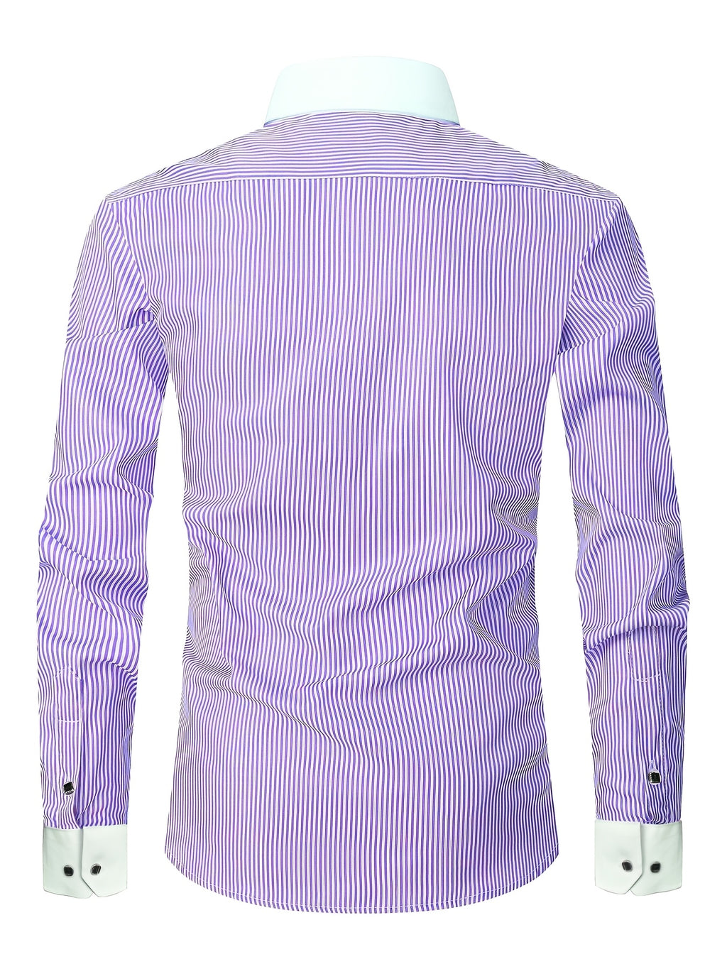 Showlu men's slim fit striped formal shirt with French cuffs, made of polyester, displayed on a hanger.