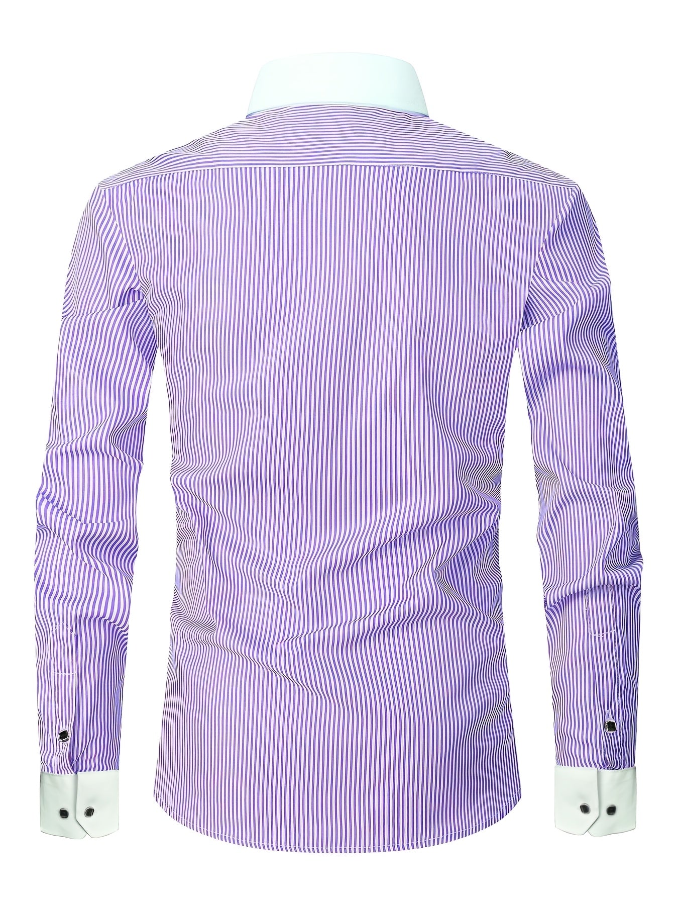 Showlu men's slim fit striped formal shirt with French cuffs, made of polyester, displayed on a hanger.