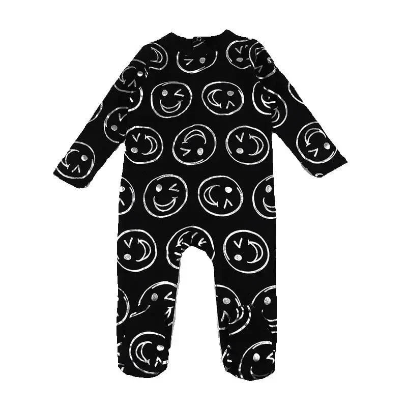 Unisex Bloom Baby Smile Print Footie Romper by Showlu Fashion, long sleeve cotton bodysuit for boys and girls, round neck design.