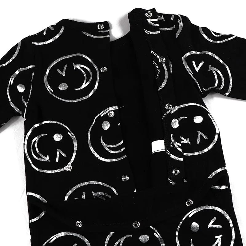 Unisex cotton baby romper with smile print, long sleeves, round neck, suitable for boys and girls, lightweight spring and summer outfit