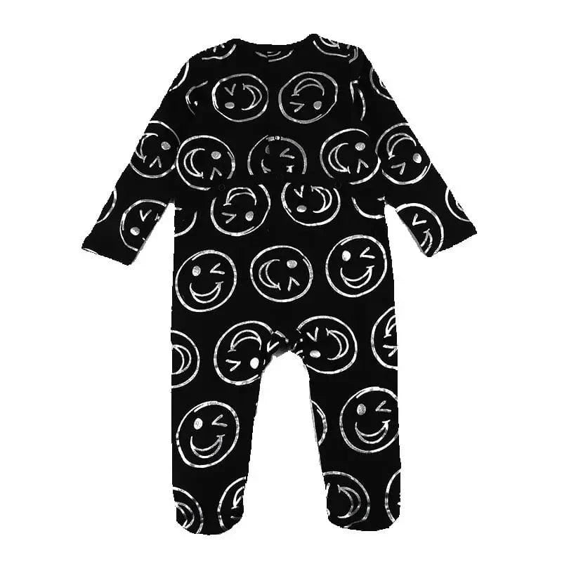 Unisex Bloom Baby smile print long sleeve cotton footie romper for babies, featuring a round neck and colorful playful design.