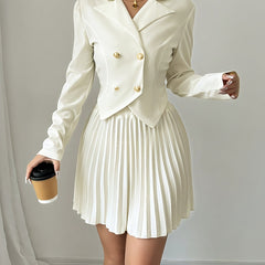 Women's elegant solid color notched lapel, double breasted suit jacket, pleated mini skirt, 2025 new version elegant suit