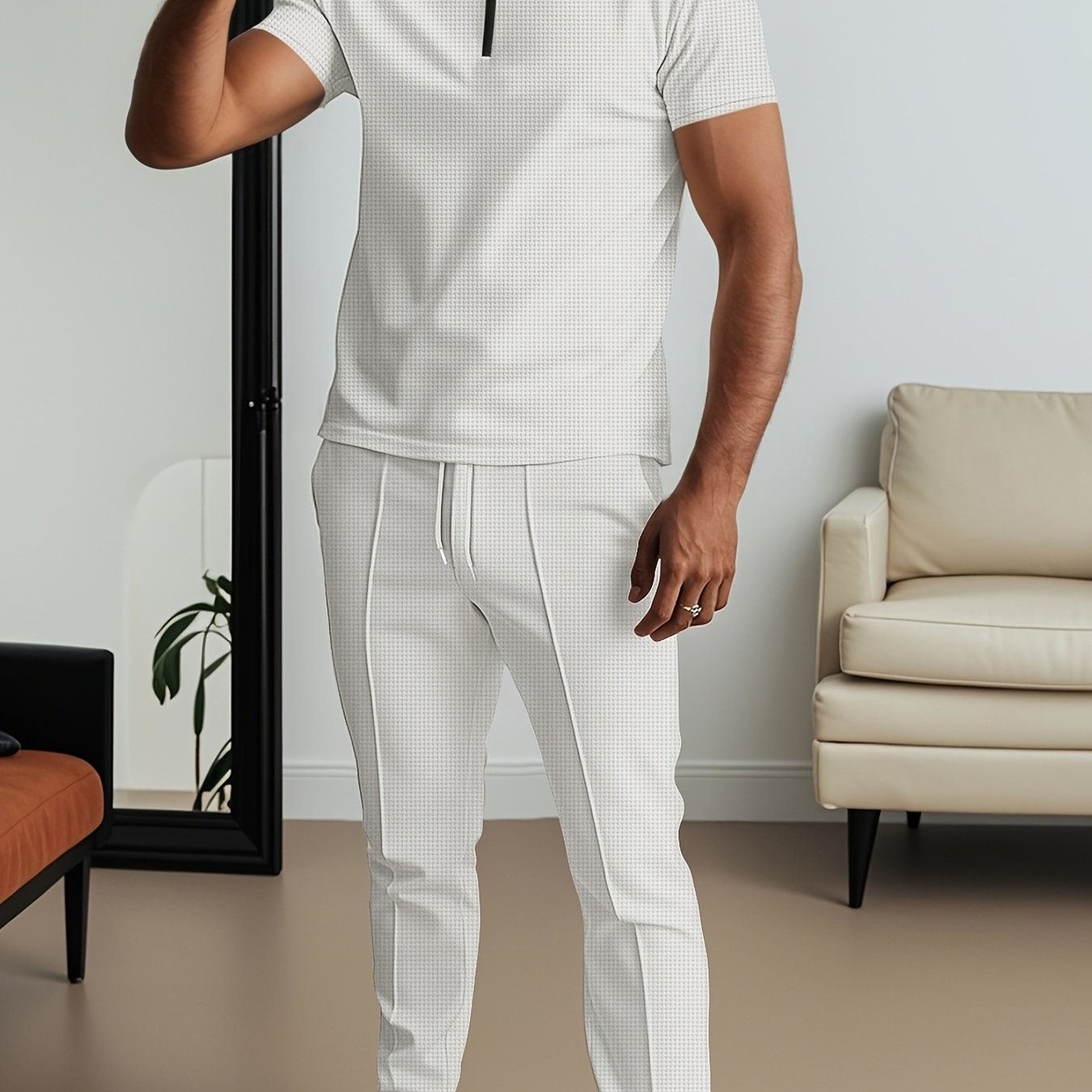 SHOWLU men's waffle texture short sleeve shirt and matching pants 2-piece set, casual fashion outfit in neutral colors.