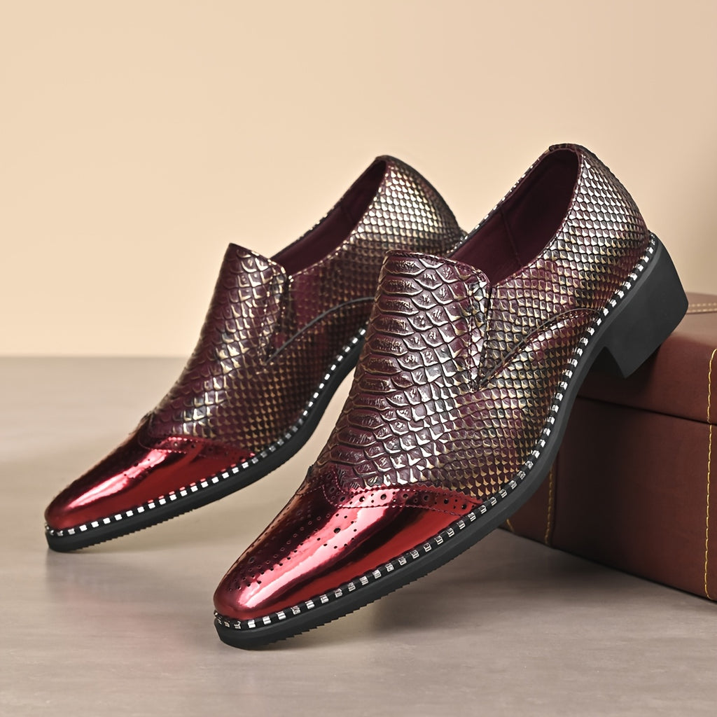 Men's snake scale patchwork slip-on formal shoes with chunky heel from Showlu Fashion Store, showcasing stylish design and texture.