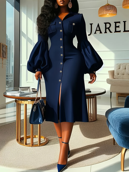 Elegant Navy Blue Long Dress for Women - Slim Fit, V-Neck, Lantern Sleeves with Button Detail, Perfect for Spring/Fall, Stylish Button-Up Dress|Sleek Fitted Dress|Polyester Fabri