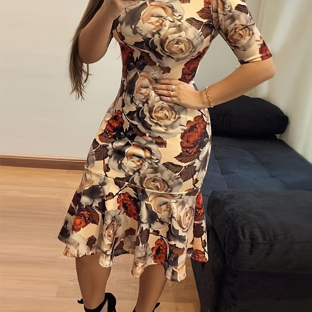 SHOWLU FASHION Women's floral print retro peplum dress with crew neck, showcasing a colorful, vintage-inspired design.