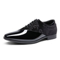 Shiny black Bruno Marc men's patent leather tuxedo Oxford shoes with classic design and sleek finish.
