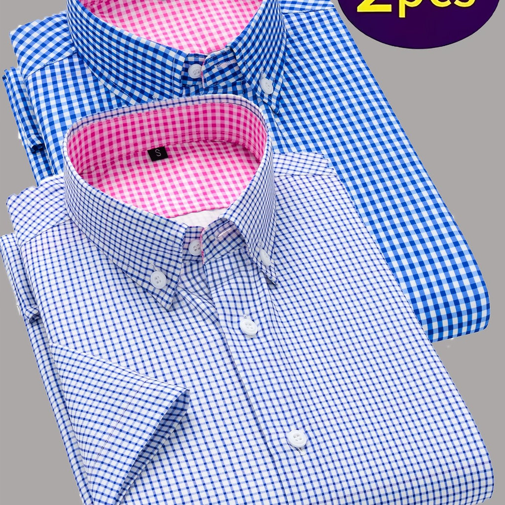 Showlu men's 2-piece summer casual short-sleeve button-up shirt set displayed on a hanger, featuring lightweight fabric and classic design.