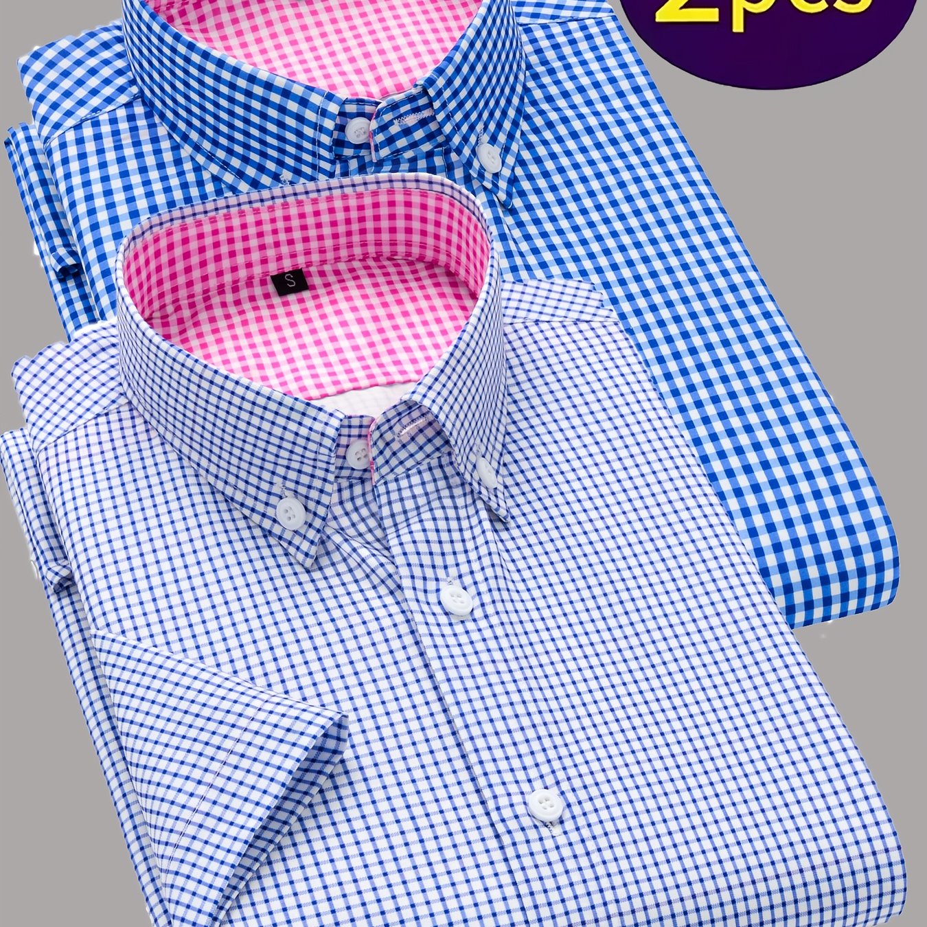 Showlu men's 2-piece summer casual short-sleeve button-up shirt set displayed on a hanger, featuring lightweight fabric and classic design.