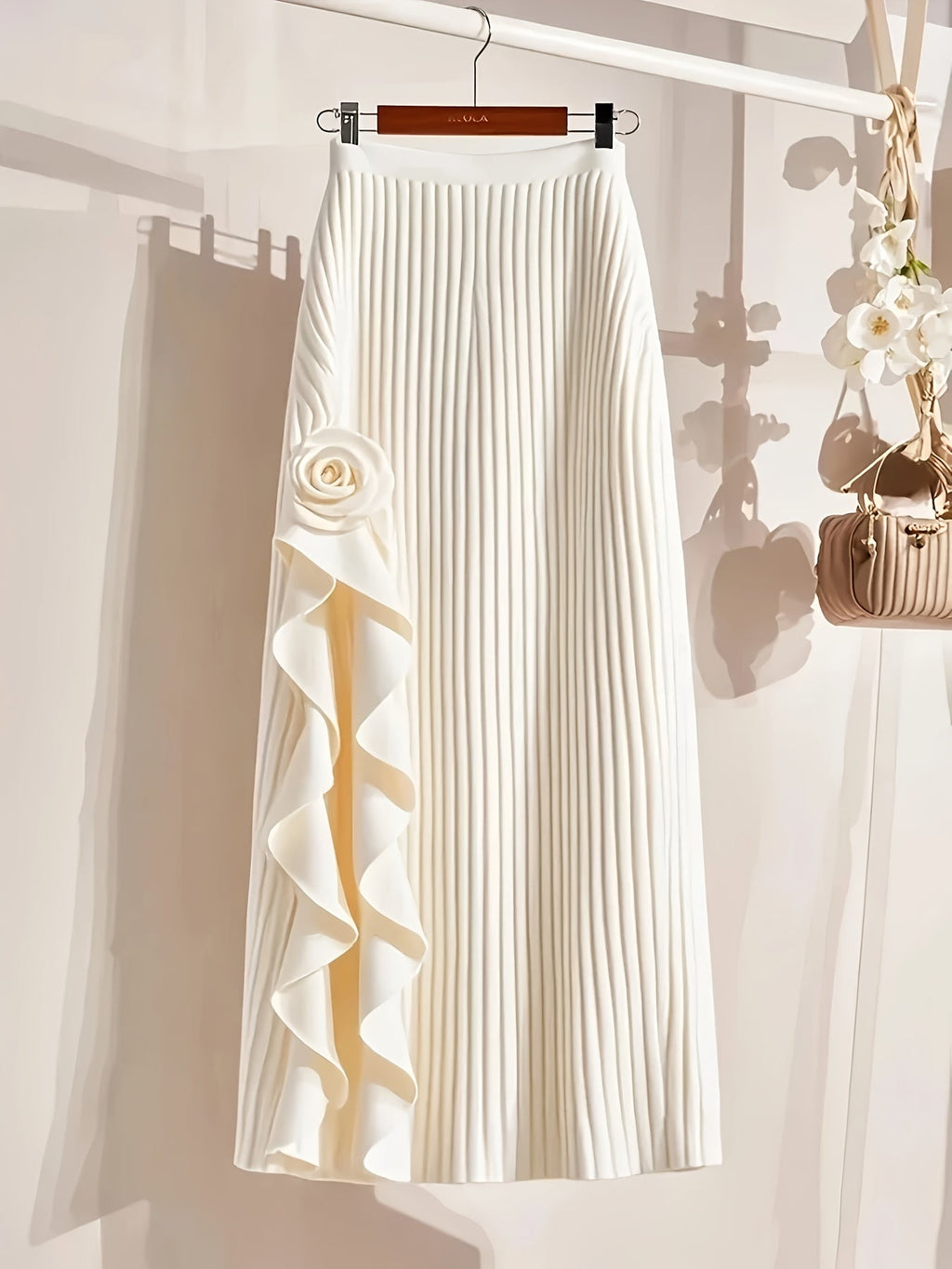French Rose high-waisted A-line midi skirt by SHOWLU FASHION, made of knit acrylic with a floral rose pattern.