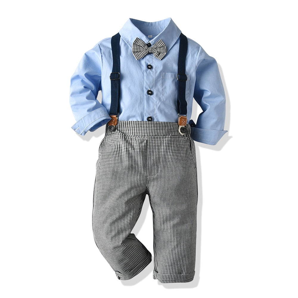 Toddler boys cotton suit with suspenders and bow tie by SHOWLU FASHION STORE, featuring a stylish and comfortable formal outfit for boys.