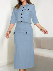 2025 New Women'S Spring And Autumn Dress Set - Two-Piece Set with Button Pockets, Suitable for Fashionable Commuting And Casual Wear in Spring And Summer.