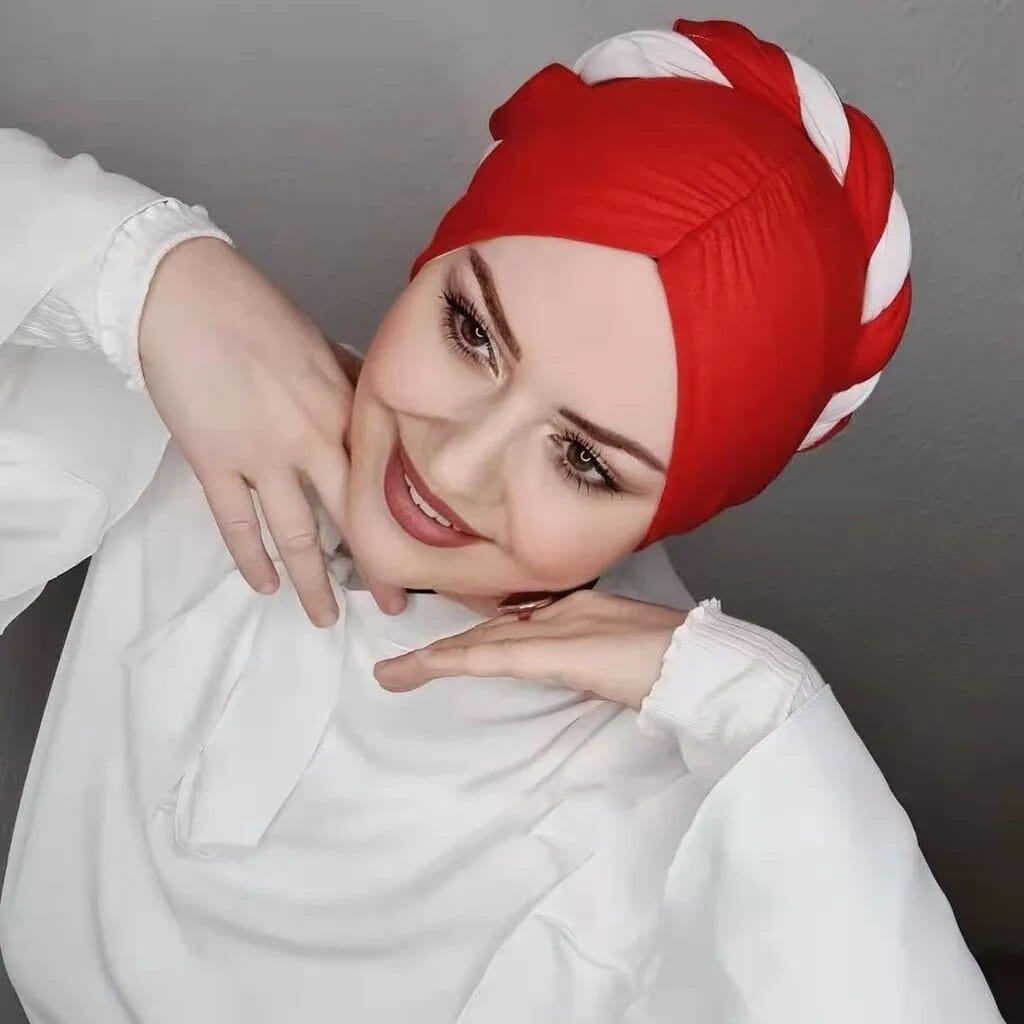 Showlu Fashion Force Modal Hijab, a high-stretch Islamic inner scarf for women, displayed with an abaya and turban style.