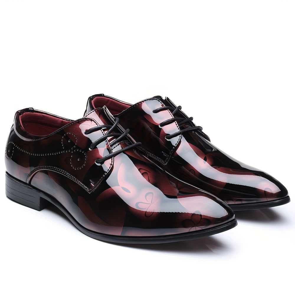 Men's SHOWLU flower print pointed toe PU leather dress shoes with stylish floral design for business or formal wear.