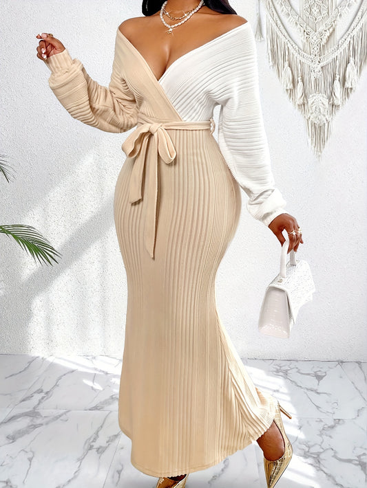 Women's Elegant Two-Tone Batwing Sleeve Wrap Waist Cinched Bodycon Dress
