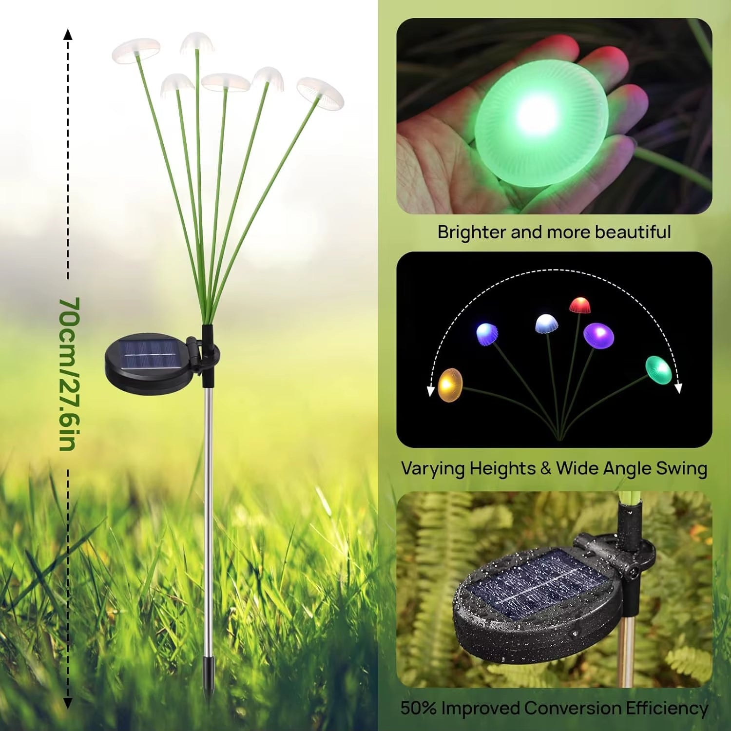 GCTECHING Aura-Mycelia 6-head kinetic solar landscape lights with glowing, mushroom-inspired design illuminating a garden pathway