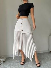 [Elegant Skirt] Semi-Sheer Lightweight Asymmetrical Front Button Hem Skirt - White & Black Contrast | Elegant, Machine Washable Spring/Summer Casual & Formal Wear