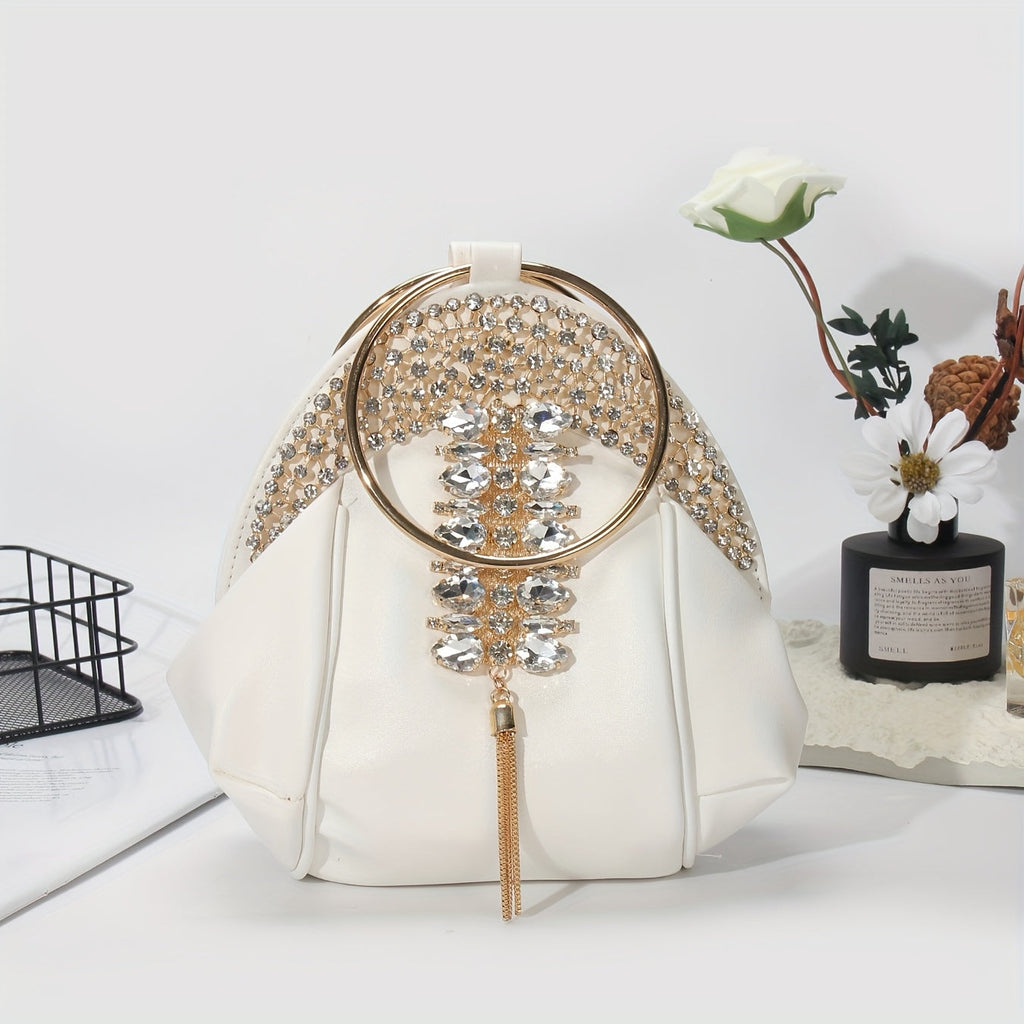 White PU PIDE Rhinestone schoolbag clutch with chain strap, crossbody bag featuring sparkling rhinestone details and compact design.