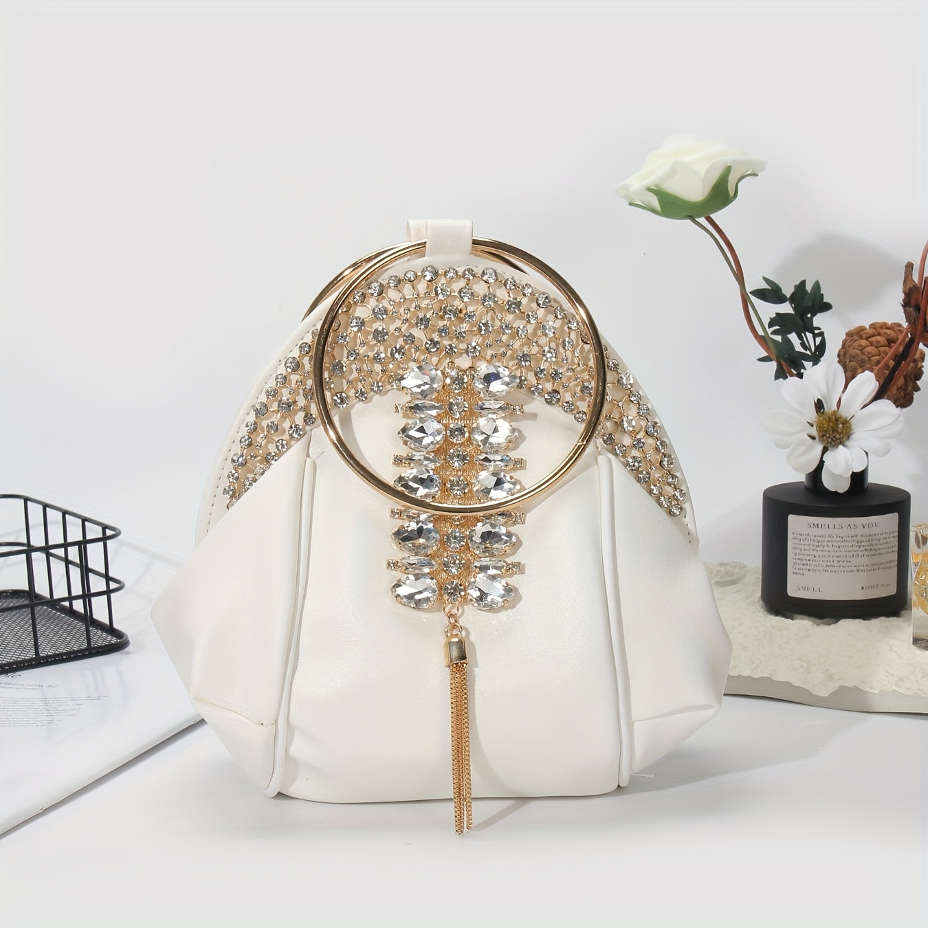 White PU PIDE Rhinestone schoolbag clutch with chain strap, crossbody bag featuring sparkling rhinestone details and compact design.