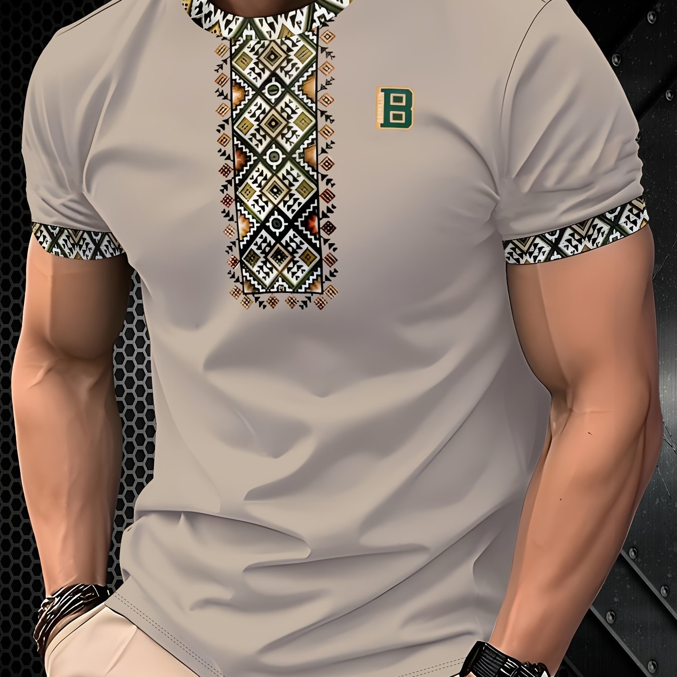 White men's geometric print T-shirt by SHOWLU FASHION STORE, made of polyester with a regular fit and stylish design.