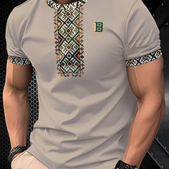 Men's White Geometric Print Casual T-Shirt - 100% Polyester, Breathable & Moisture-Wicking, Machine Washable, Regular Fit for All-Season Comfort, Breathable Clothing | Geometric Pattern Shirt | Comfortable Fit