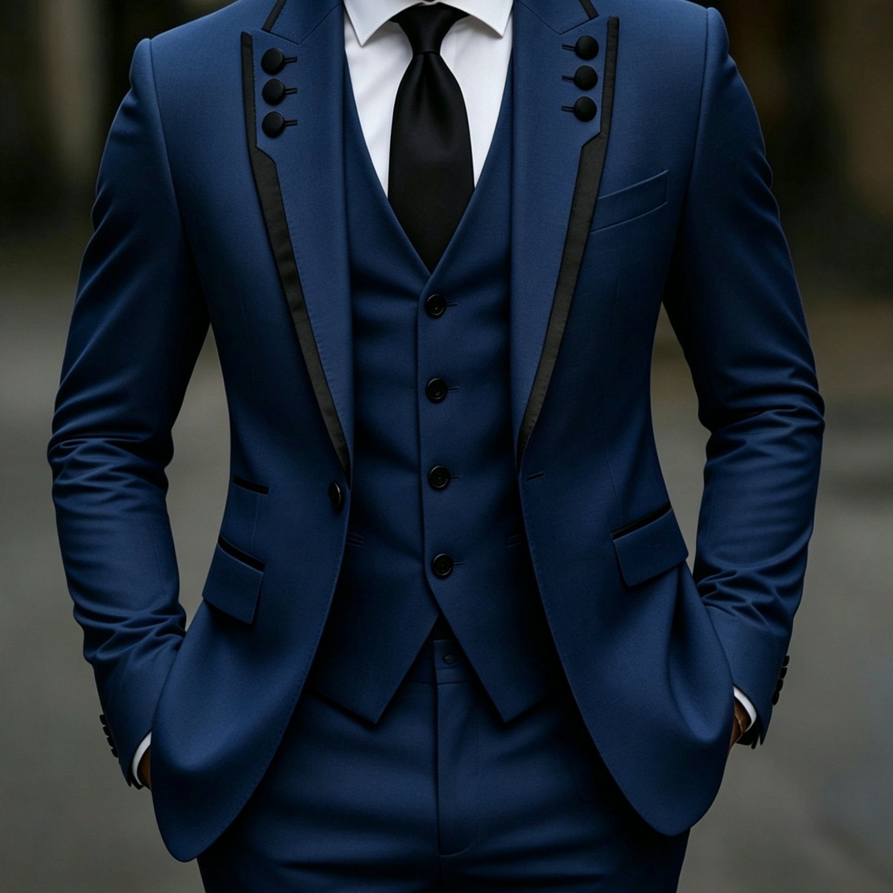 Men's black suit set with lapel and fringe details, formal party and wedding attire from Showlu Smart General, includes three pieces.