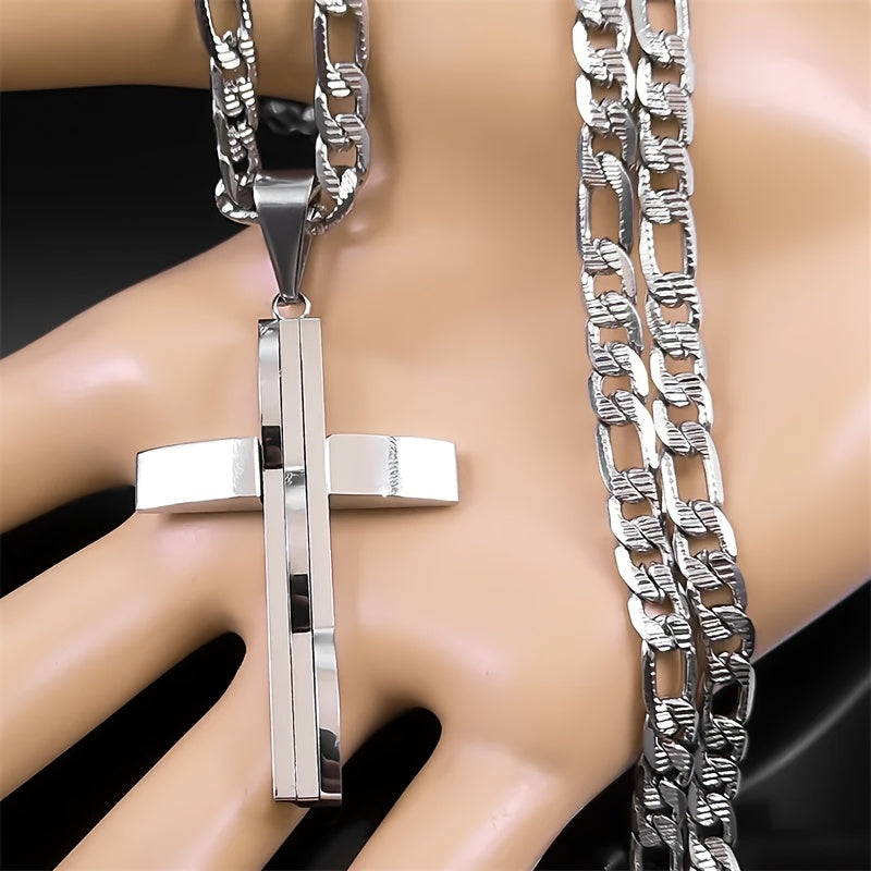 Showlu men's 18K gold plated stainless steel layered cross necklace hanging against a plain background.