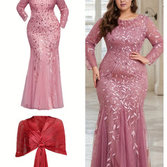 Elegant Plus Size Sequin Embroidered Mermaid Hem Dress with Matching Shawl - Long Sleeve, Crew Neck, Floral Pattern, Beige/Golden & Red Options, Perfect for Weddings, Proms, and Formal Events, Elegant Event Clothing | Glamoro SHOWLU FASHION STORE