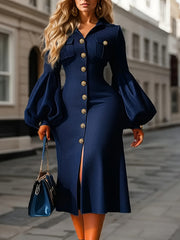 Elegant Navy Blue Long Dress for Women - Slim Fit, V-Neck, Lantern Sleeves with Button Detail, Perfect for Spring/Fall, Stylish Button-Up Dress|Sleek Fitted Dress|Polyester Fabri