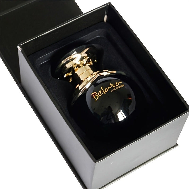 Belara Women's Black Gold Perfume in a floral apple-shaped bottle, featuring a fresh floral scent and elegant black and gold design