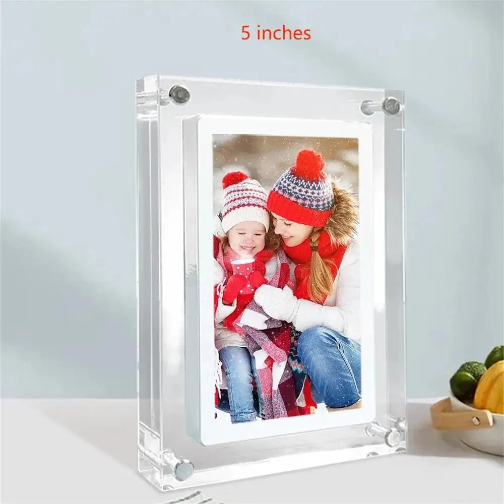 Zoeydam acrylic digital photo frame with 5/7 inch IPS screen, 2GB memory, vertical display, portable design, perfect for photo viewing.