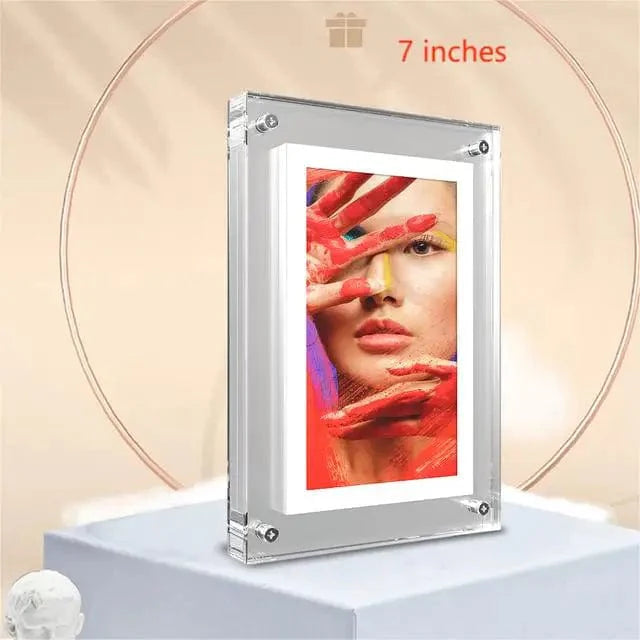 Zoeydam acrylic digital photo frame with 5/7 inch IPS screen, vertical display, 2GB memory, and battery port for easy viewing.