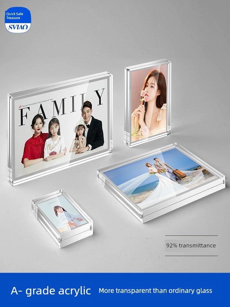 Double-sided acrylic magnetic photo frame displaying pictures and prints, transparent and crystal-clear for creative photo display.