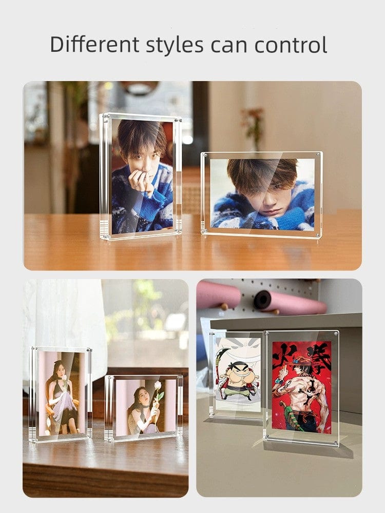 Double-sided acrylic magnetic photo frame displaying pictures, transparent crystal glass design for creative photo display.