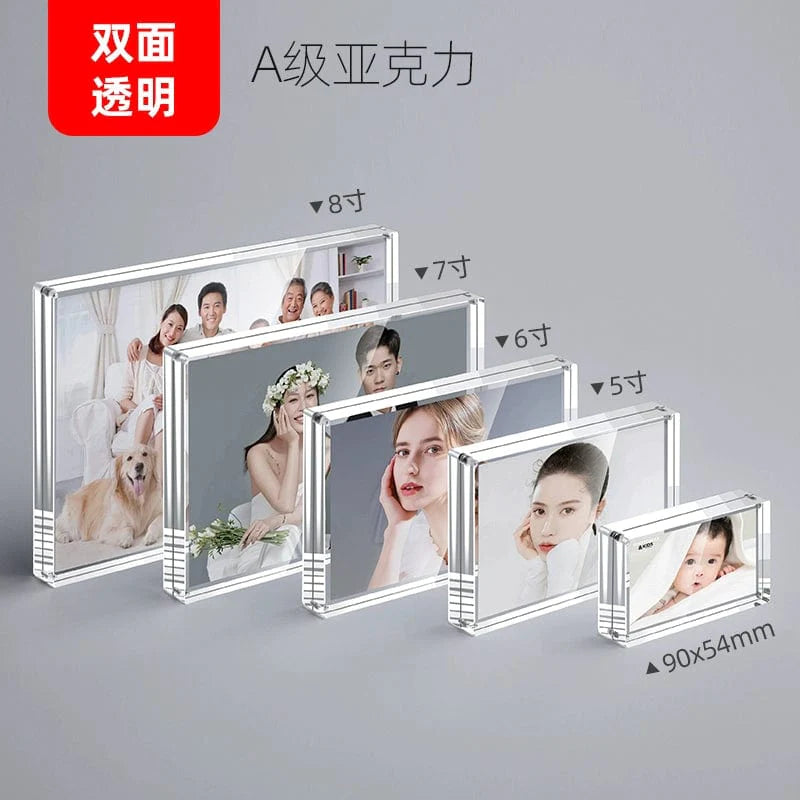 Double-sided acrylic photo frame with magnetic transparent display for showcasing pictures and prints, crystal-clear and modern design.