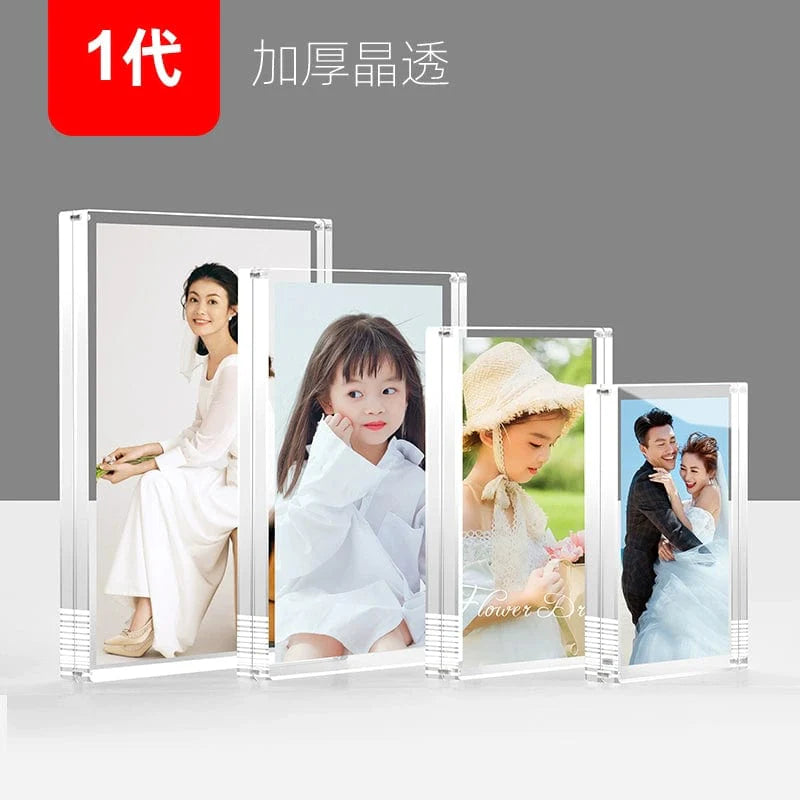 Double-sided acrylic magnetic photo frame displaying pictures, transparent crystal-clear design, perfect for creative photo display.
