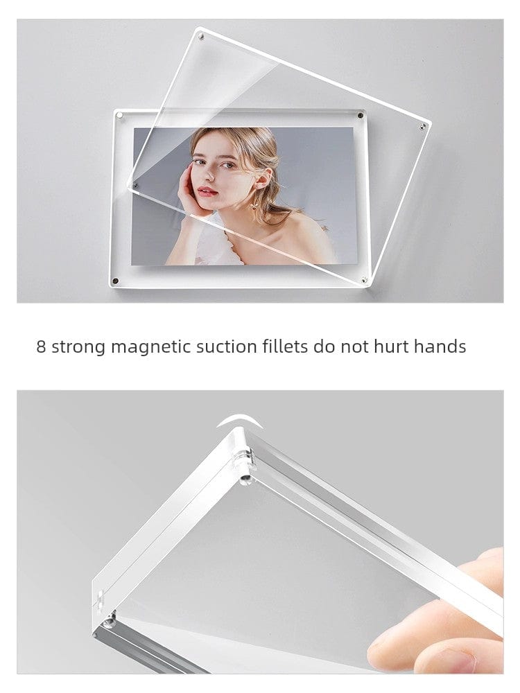 Double-sided acrylic magnetic photo frame displaying pictures, transparent crystal-clear design for stylish photo display.