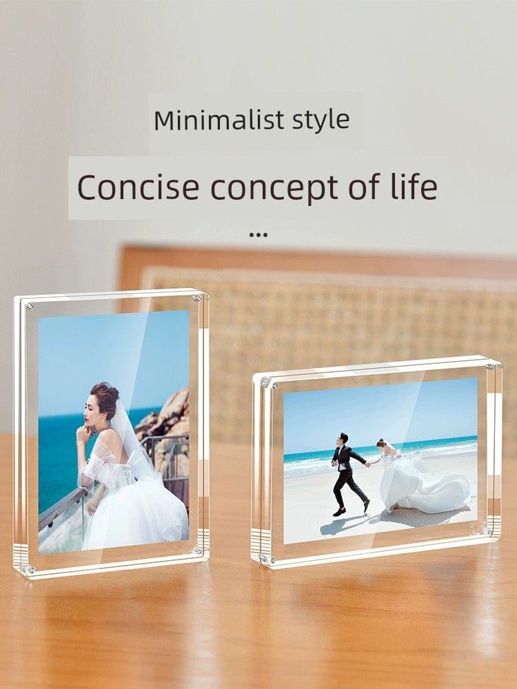 Sviao double-sided acrylic photo frame with magnetic transparent display showing photos and pictures on a crystal-clear glass surface.