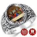 Showlu Men's Last Supper engraved ring in vintage style, 925 silver plated band with detailed religious design.