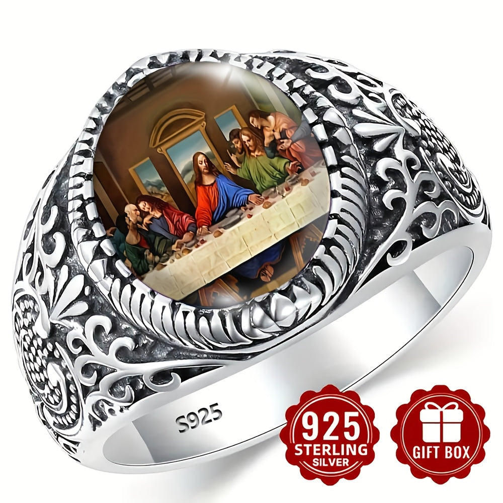 Showlu Men's Last Supper engraved ring in vintage style, 925 silver plated band with detailed religious design.