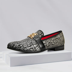 [Floral Pattern Loafers] Elegant Slip-On Loafers - Comfortable Floral Pattern Shoes with Golden Buckle, Black and Red Accents - Perfect for Parties & Streetwear