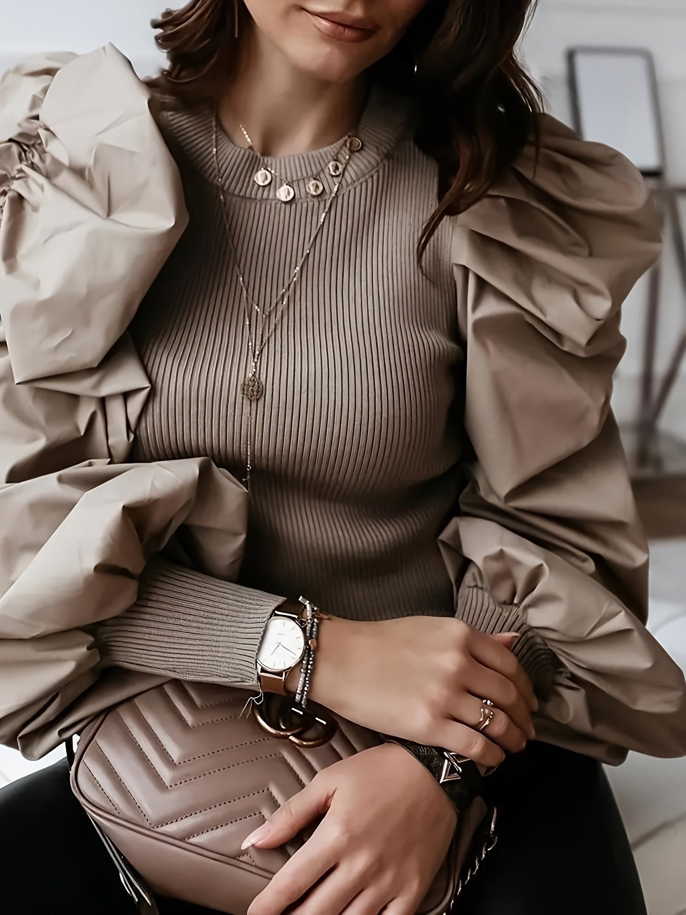 Black ribbed blouse for women with puff sleeves and crew neck, stylish and elegant top by SHOWLU FASHION STORE.