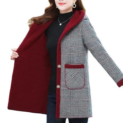 Add Velvet Plaid Coat Female Tops Middle Aged Women's Mid - Length Cotton - Padded Jackets Winter Hooded Warm Cold - Proof Overcoat - SHOWLU FASHION STORE