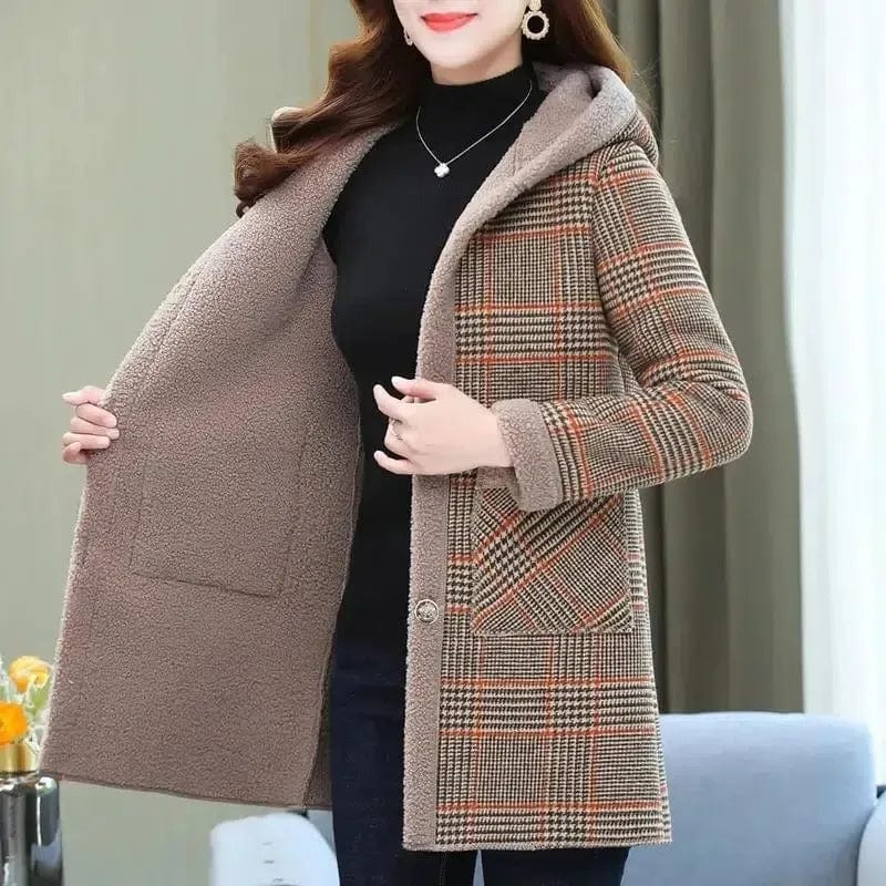 Add Velvet Plaid Coat Female Tops Middle Aged Women's Mid - Length Cotton - Padded Jackets Winter Hooded Warm Cold - Proof Overcoat - SHOWLU FASHION STORE