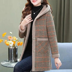 Add Velvet Plaid Coat Female Tops Middle Aged Women's Mid - Length Cotton - Padded Jackets Winter Hooded Warm Cold - Proof Overcoat - SHOWLU FASHION STORE