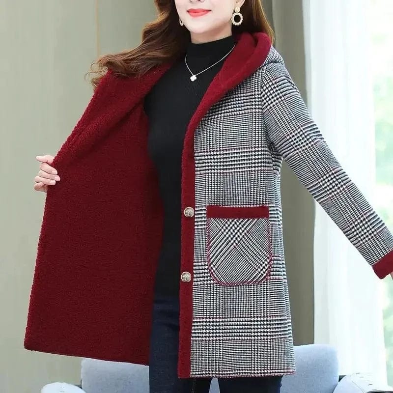 Add Velvet Plaid Coat Female Tops Middle Aged Women's Mid - Length Cotton - Padded Jackets Winter Hooded Warm Cold - Proof Overcoat - SHOWLU FASHION STORE