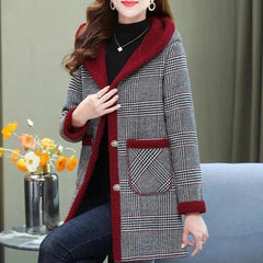 Add Velvet Plaid Coat Female Tops Middle Aged Women's Mid - Length Cotton - Padded Jackets Winter Hooded Warm Cold - Proof Overcoat - SHOWLU FASHION STORE