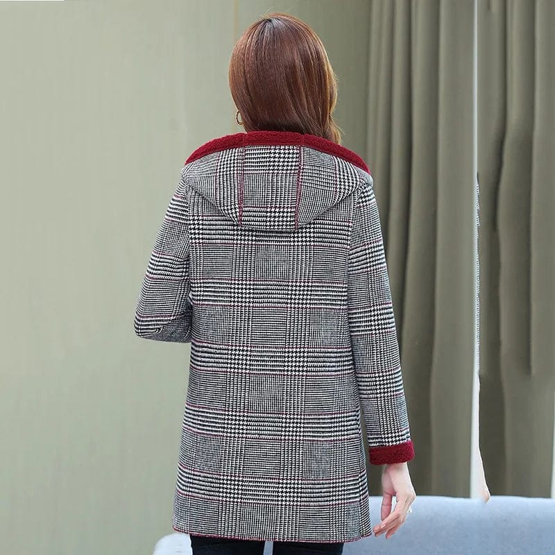 Add Velvet Plaid Coat Female Tops Middle Aged Women's Mid - Length Cotton - Padded Jackets Winter Hooded Warm Cold - Proof Overcoat - SHOWLU FASHION STORE