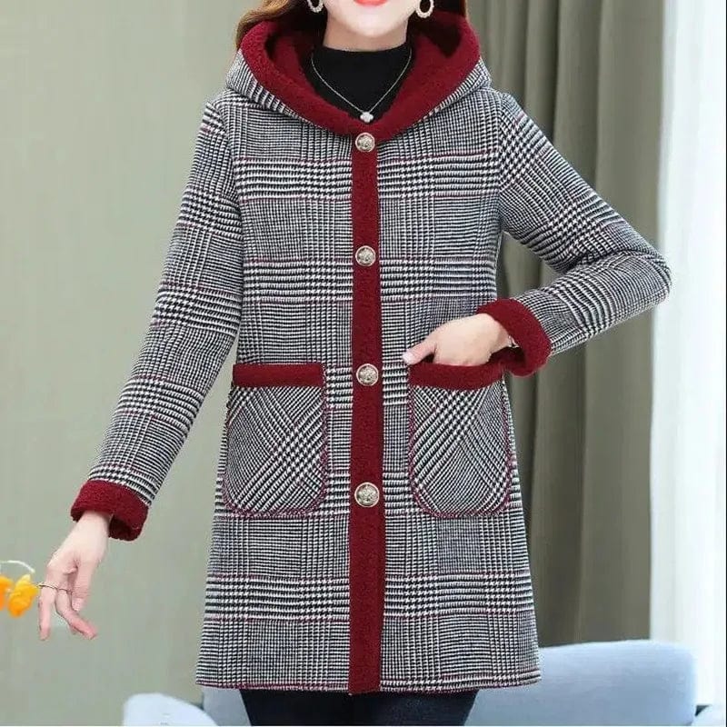 Add Velvet Plaid Coat Female Tops Middle Aged Women's Mid - Length Cotton - Padded Jackets Winter Hooded Warm Cold - Proof Overcoat - SHOWLU FASHION STORE